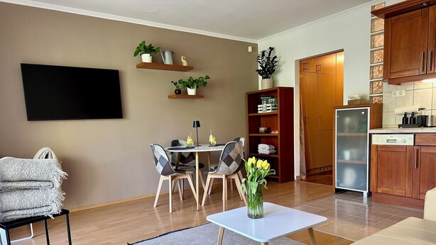 A modern living room with a sofa, a dining table with chairs, a kitchen area with wooden cabinets, and a flat-screen TV mounted on the wall.