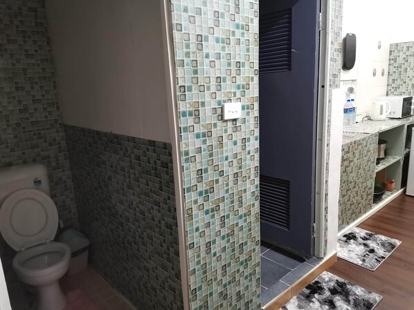 A bathroom with a toilet, a sink, and a shower area. - Heritage Guest House Levuka (Levuka)