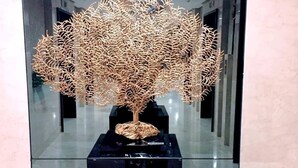 A sculpture in a lobby with a reflective floor and a glass wall.
