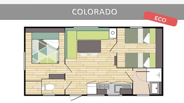 Plano de planta de una habitación con cocina, comedor y baño.