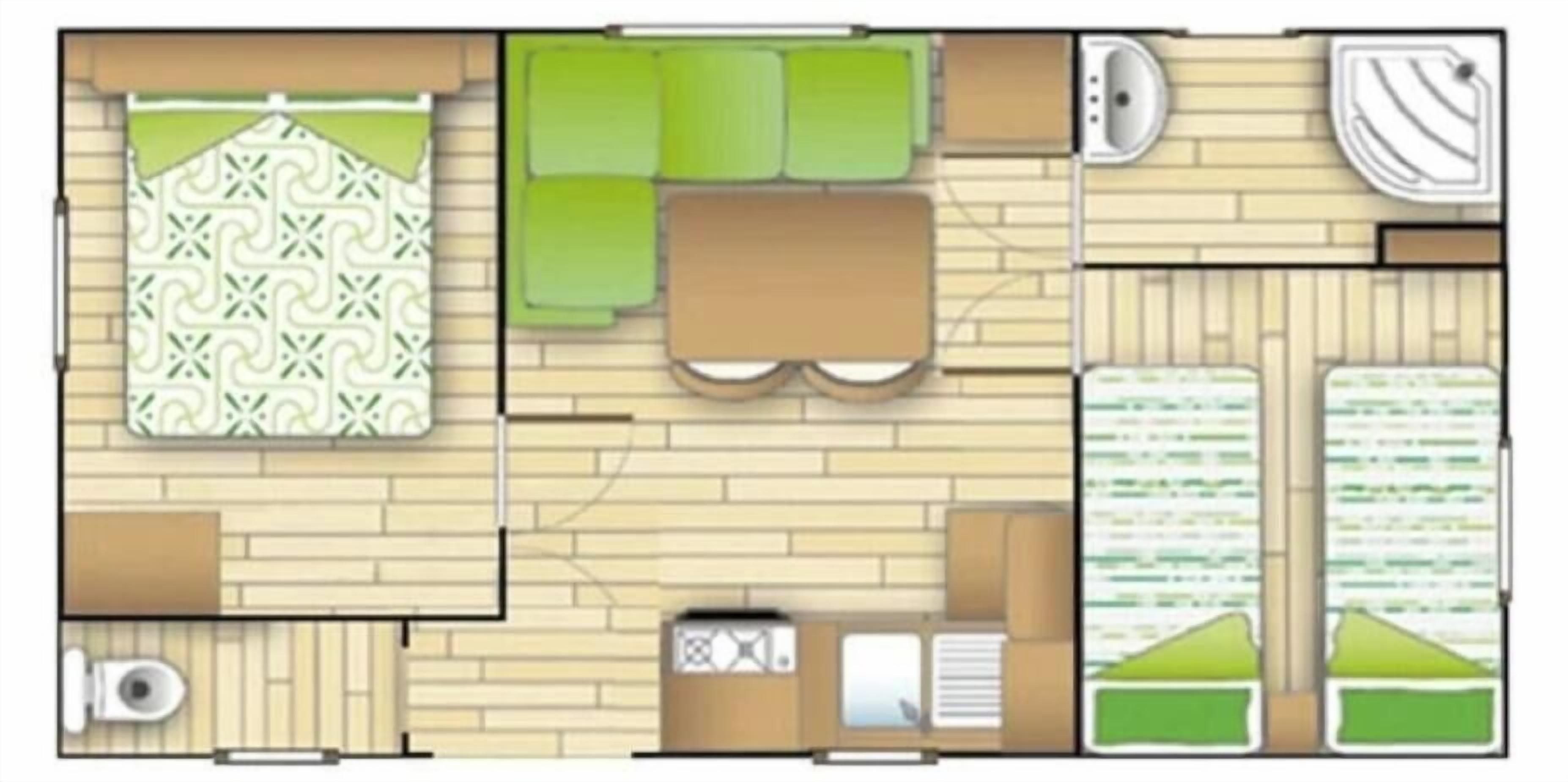 Grundriss eines Hotelzimmers mit der Bezeichnung 'IDAHO' und dem Label 'ECO', das ein Bett, eine kleine Sitzecke, ein Badezimmer und eine Küchenzeile zeigt.