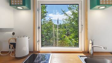 Fridge, stovetop, coffee/tea maker, electric kettle