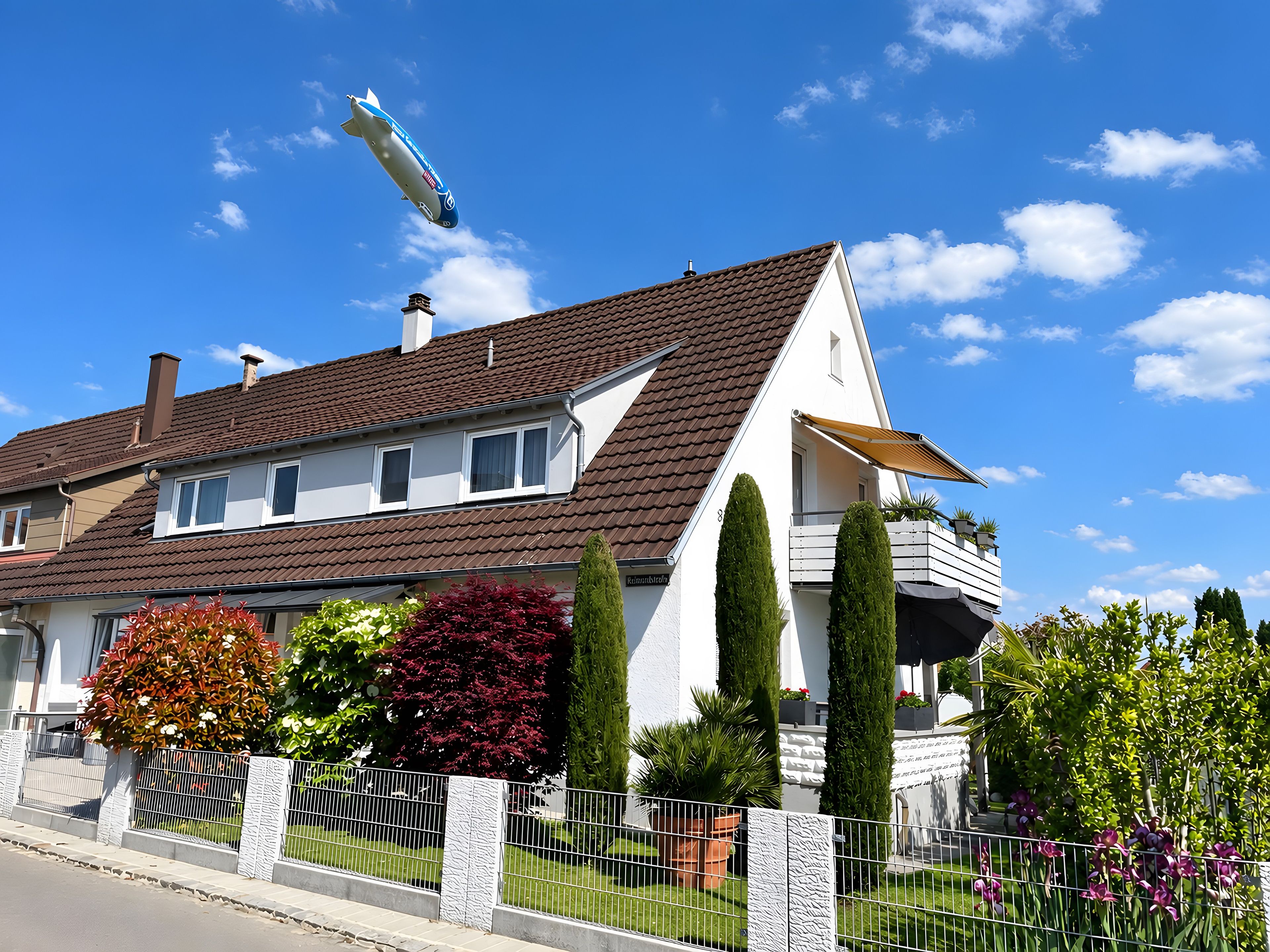A two-story house with a brown roof, white walls, and a balcony with potted plants.