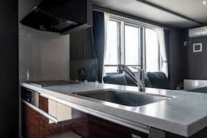 Fridge, microwave, electric kettle, toaster