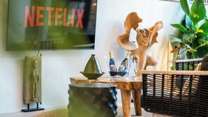 Un salon avec un téléviseur affichant le logo « NETFLIX », une table en bois ornée d’un vase, de bouteilles et de verres, et une sculpture décorative.