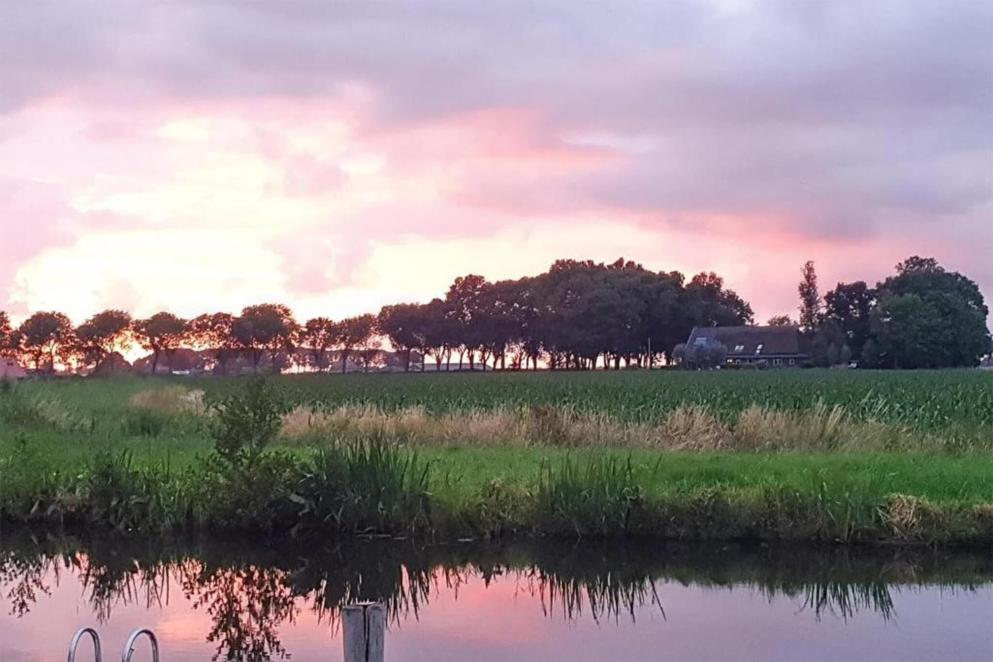 A calm river reflecting trees and a house in the distance under a pink sky.