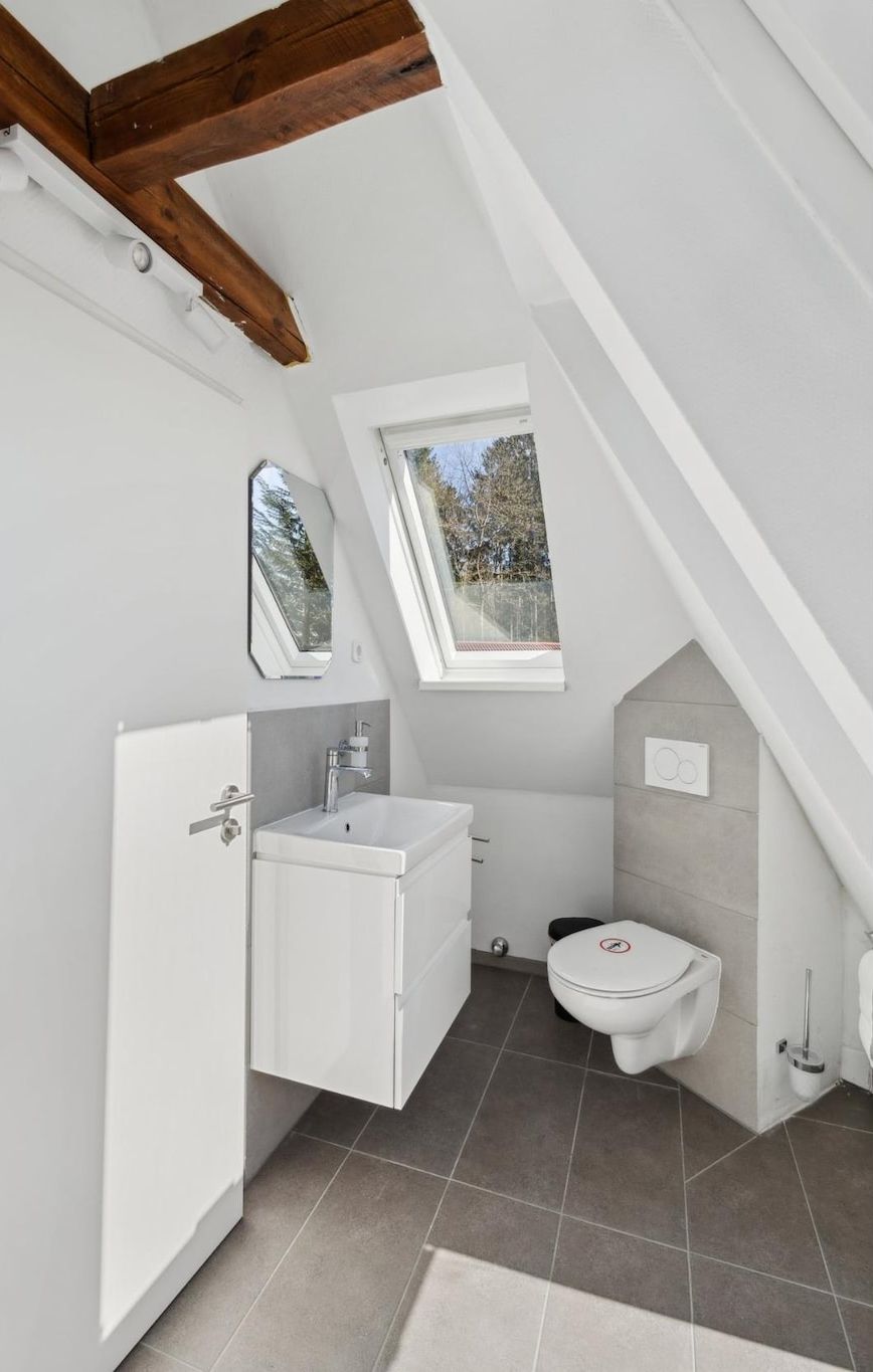 Een moderne badkamer met dakraam, een witte wastafel en een toilet.