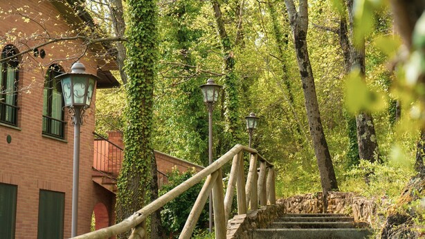 A stone staircase with a wooden handrail leading up to a brick building with green shutters and a lantern post. - Holiday Home near Mount Subasio (Assisi)
