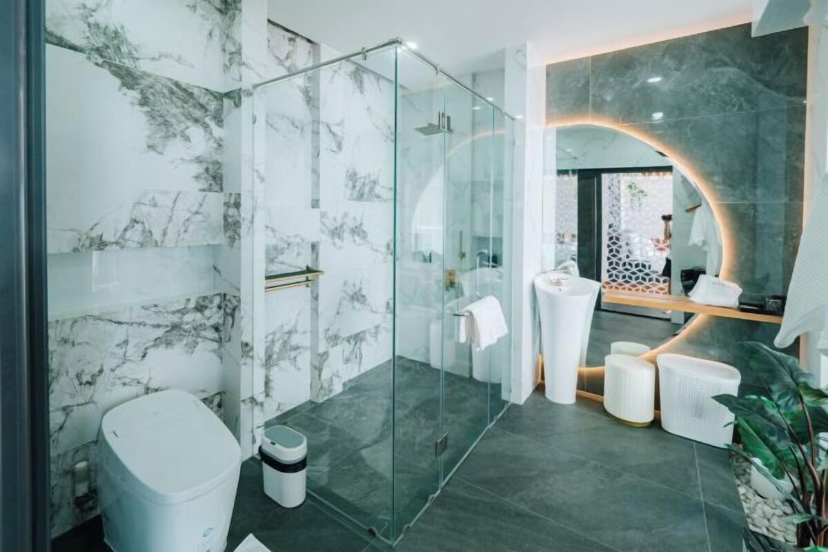 Bathroom | Shower, rainfall showerhead, bathrobes, slippers