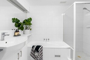 Shower, hair dryer, towels