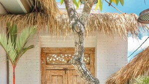 A tropical-style entrance with a wooden door, a thatched roof, and potted plants.