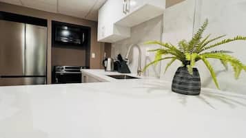 Coffee/tea maker, fridge, microwave, oven