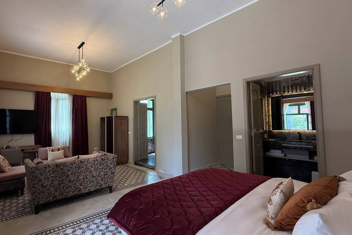 Une chambre spacieuse avec un grand lit, un coin salon comprenant un canapé et des fauteuils, une télévision, et une salle de bain avec un lavabo et un miroir.