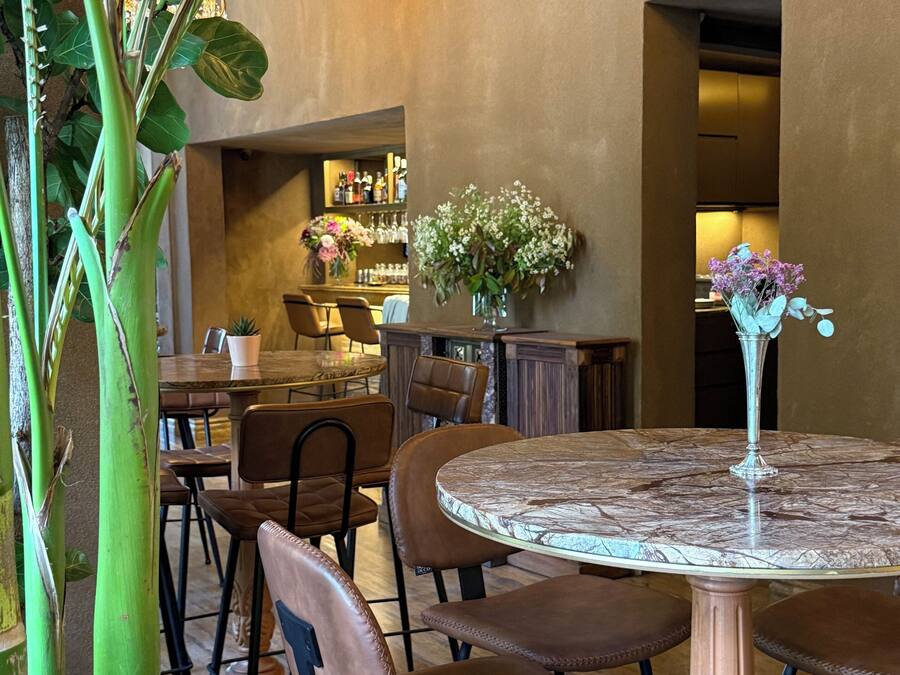 Un restaurante con mesas redondas y sillas de cuero marrón, una zona de bar con estantes llenos de botellas, y una planta verde grande.