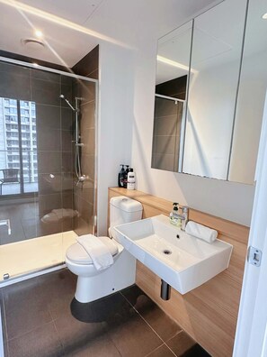 A modern bathroom with a glass-enclosed shower, a white toilet, and a large sink with a mirror above.