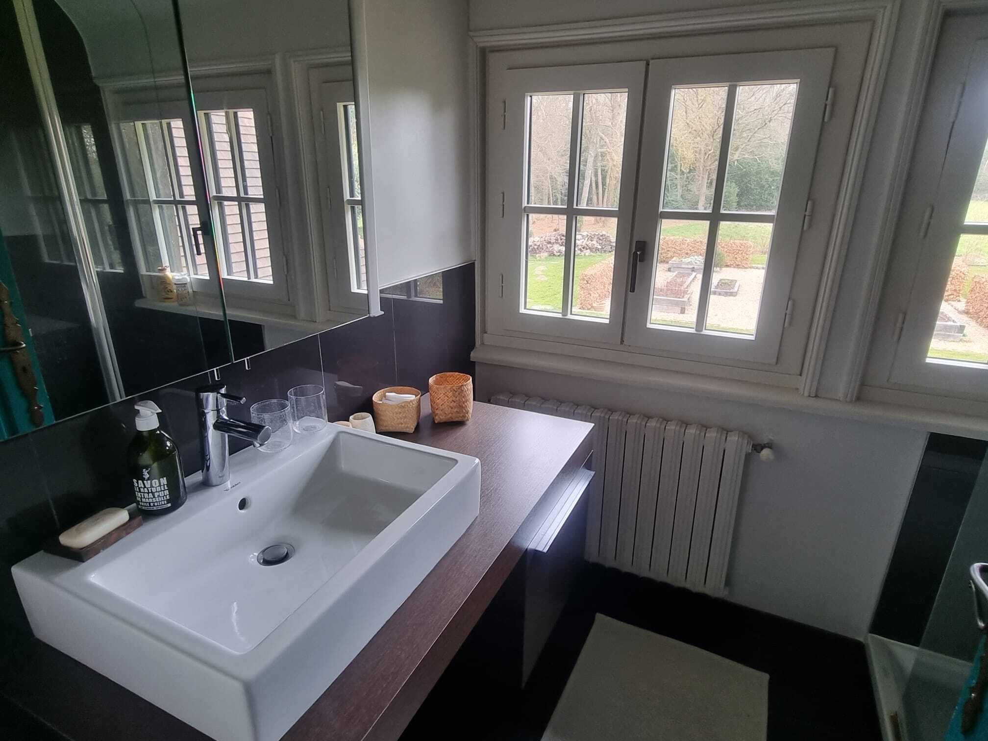 Une salle de bain moderne avec un grand lavabo blanc, un miroir et une fenêtre donnant sur l’extérieur.