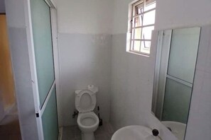 Shower, bidet, towels, soap