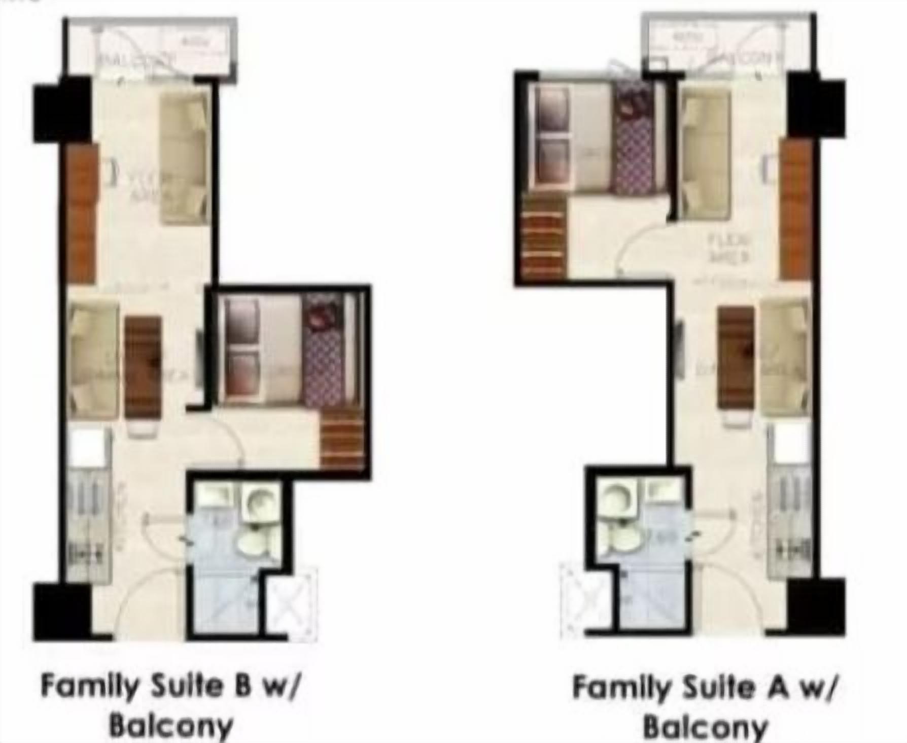Dos planos de distribucion de Suites Familiares con balcones. Cada suite cuenta con un dormitorio, baño y sala de estar.