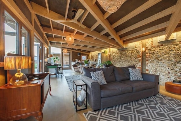 Smart TV, chimenea, libros, estéreo