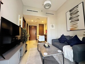 Apartment, Balcony, Canal View | Living area - Damac Reva Residences 808 (Dubai)