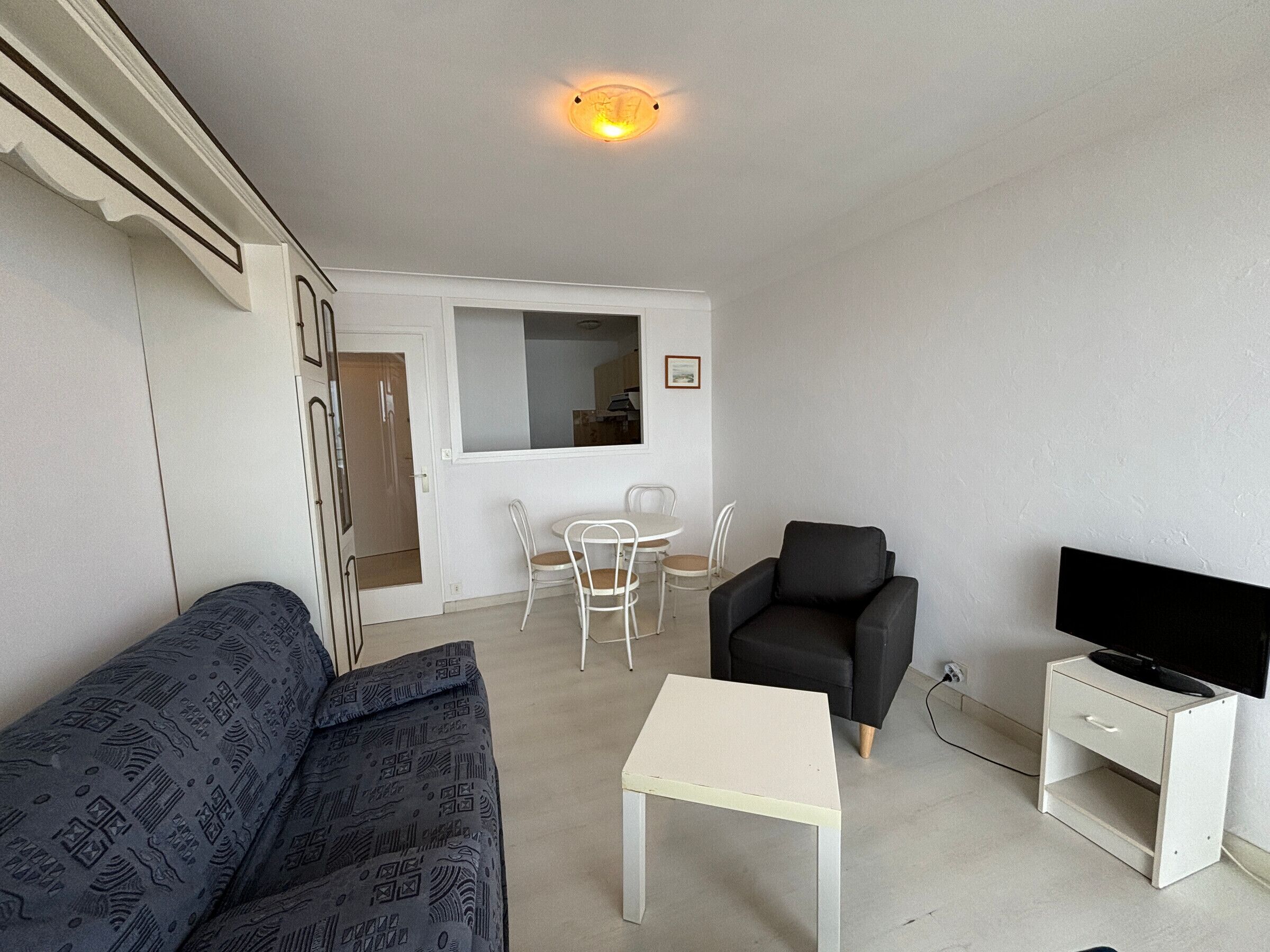 Un salon comprenant un canapé, un fauteuil noir, une petite table blanche, un téléviseur posé sur un meuble, et un coin repas avec des chaises et une table.