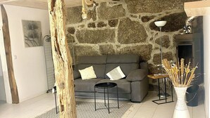 A living room with a stone wall, a gray sofa, a black coffee table, and a white vase with dried plants. - QUINTA DE RIBAS - LE VERGER - SMALL CHARMING GITE (vila cha do marao, amarante)