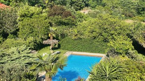 A pool surrounded by lush greenery and trees. - QUINTA DE RIBAS - LE VERGER - SMALL CHARMING GITE (vila cha do marao, amarante)