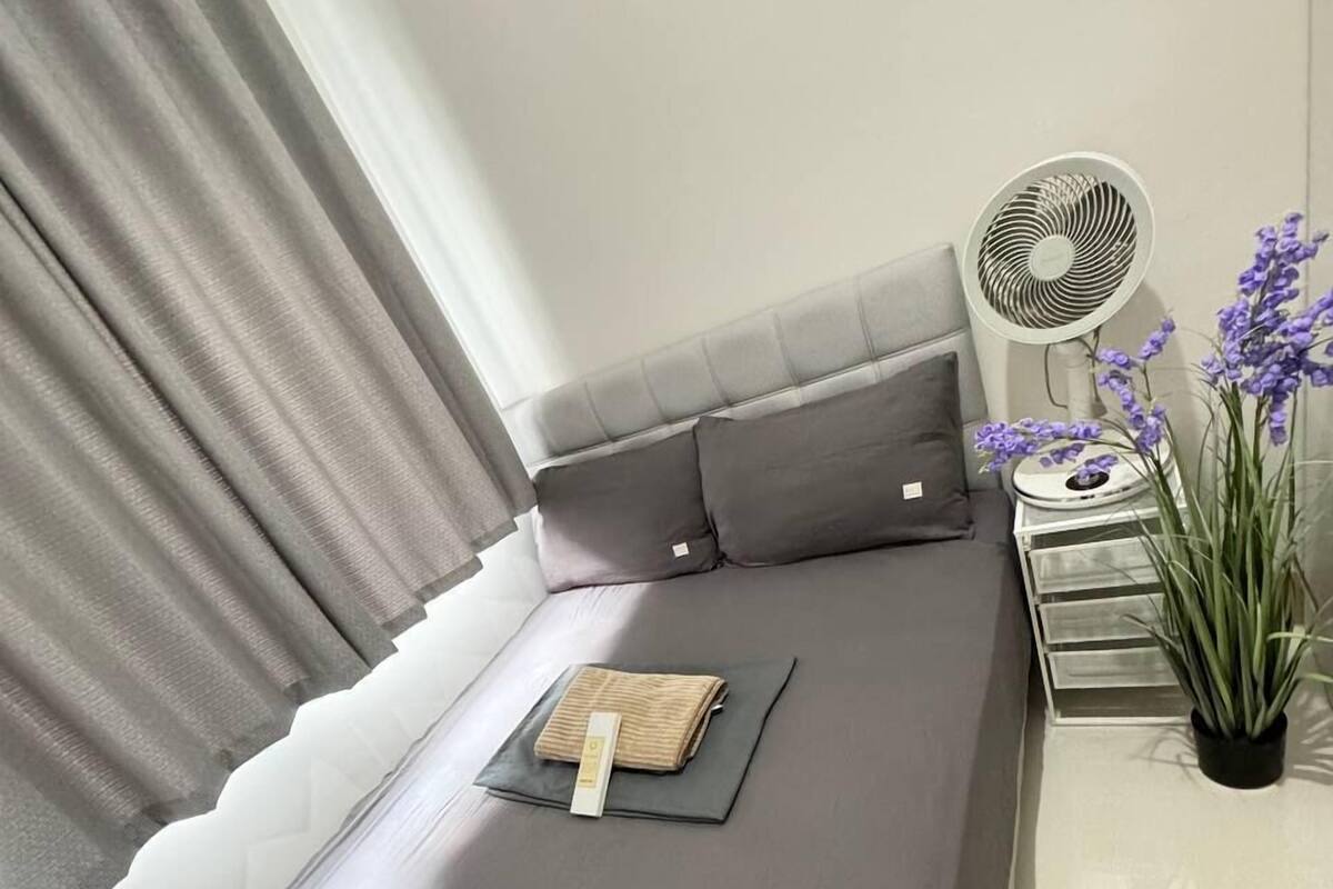 A compact, modern room with a single bed, a small table with a fan, and a potted plant.