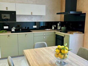 Fridge, microwave, dishwasher