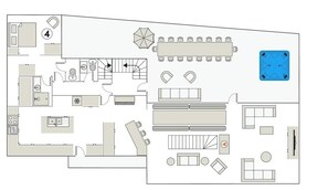 Distribución de un hotel con varias habitaciones, un comedor y una piscina.