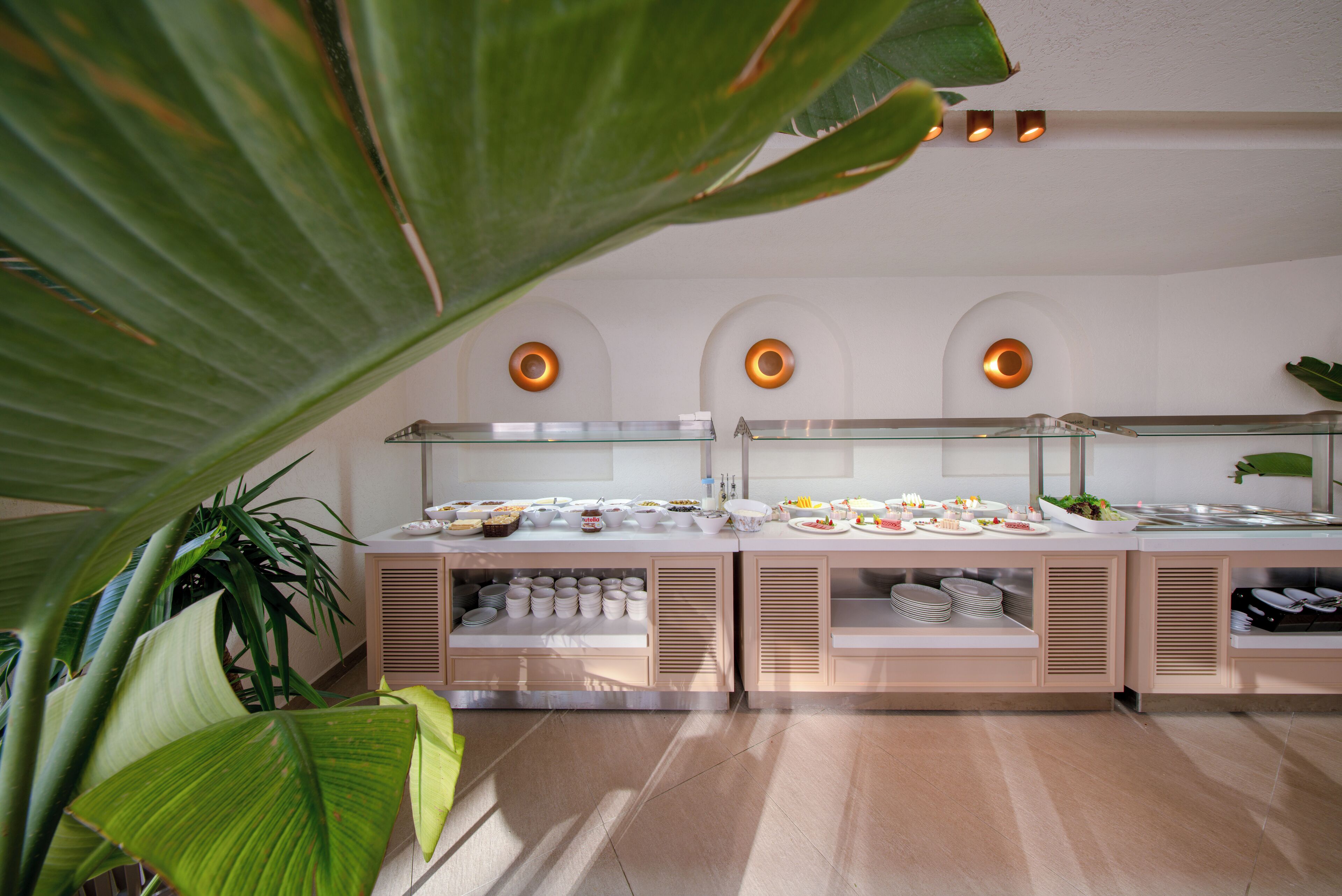 A buffet setup with multiple serving stations, a ceiling with recessed lighting, and a plant in the foreground.
