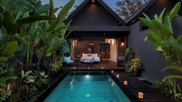 A modern house with a swimming pool, surrounded by lush tropical plants. - Mayaloka Villas Ubud (Ubud)