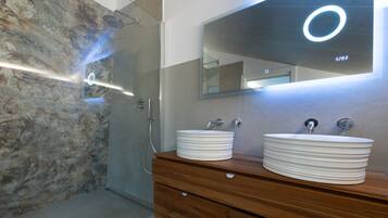 Shower, hair dryer, bidet, towels