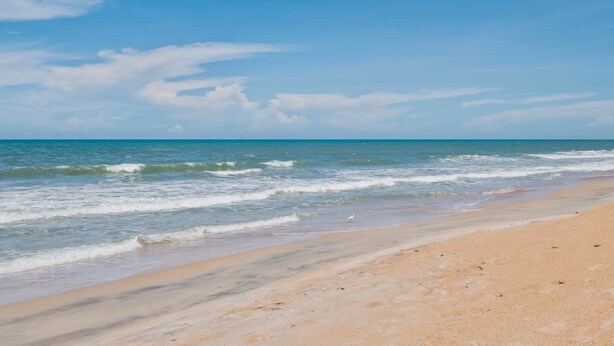 Una playa con cielos despejados y olas suaves.