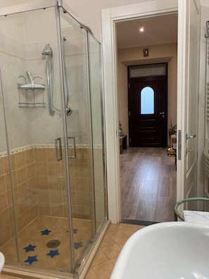 Shower, free toiletries, hair dryer, bidet