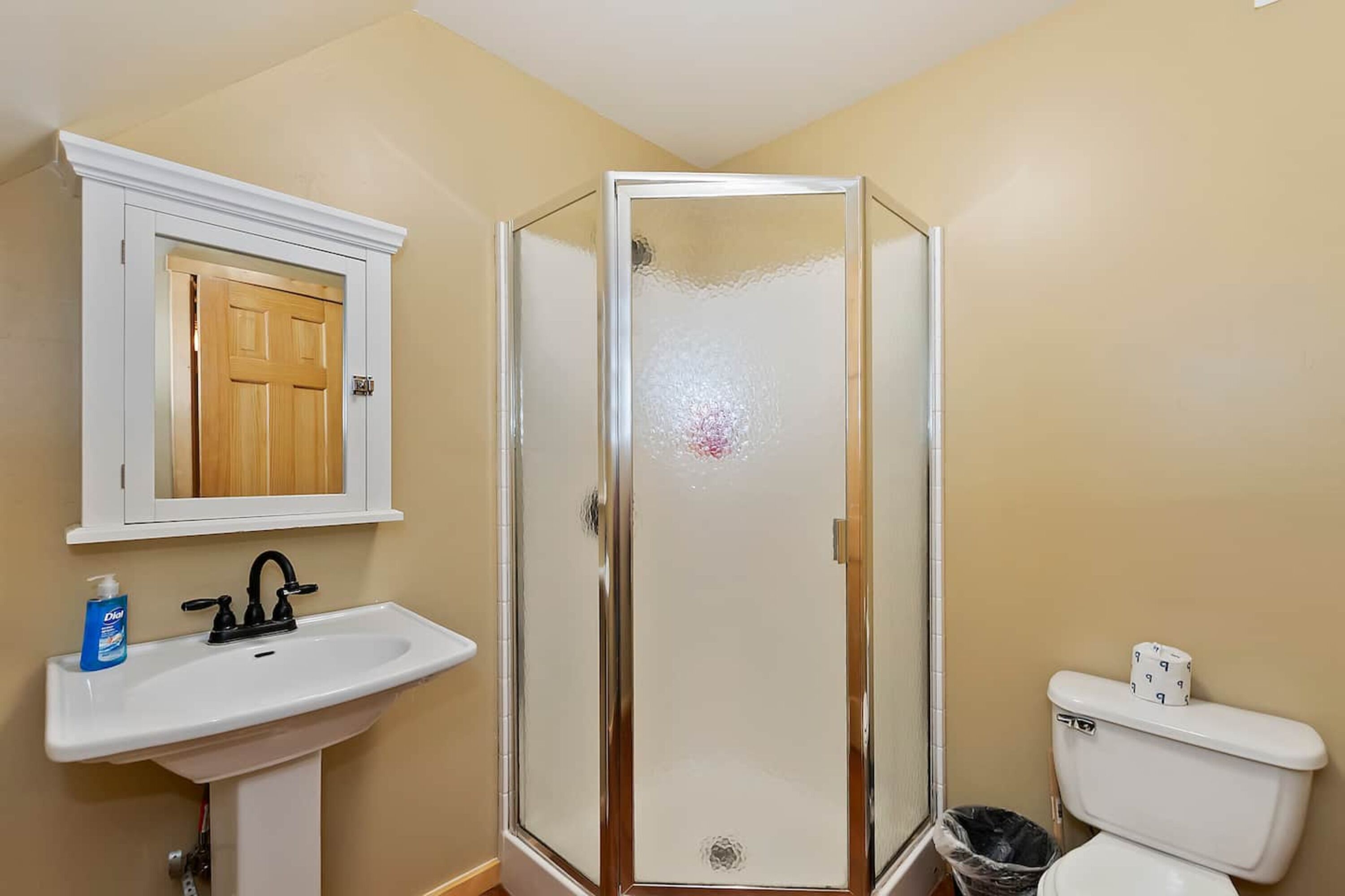 Un baño con lavamanos blanco, puerta de madera, cabina de ducha con mampara de vidrio y un inodoro con dispensador de toallas de papel.