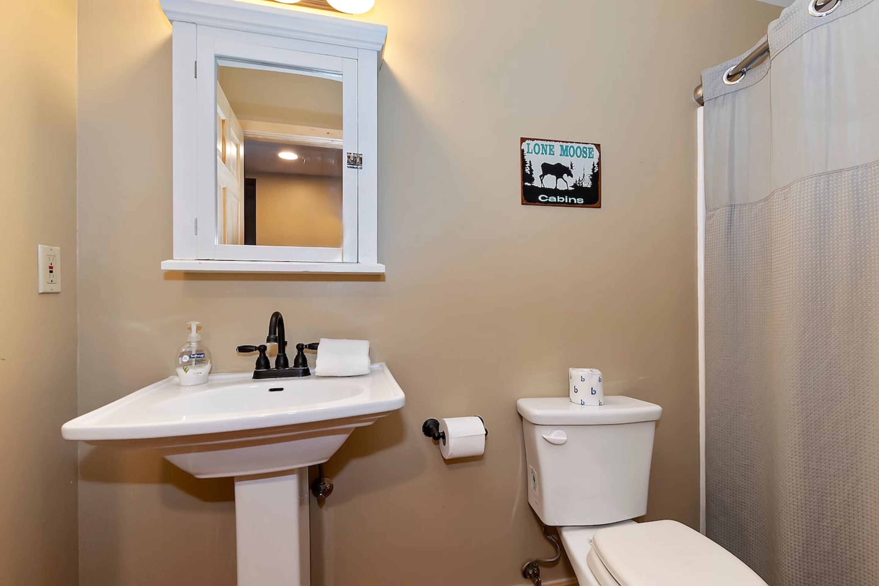 Ein Badezimmer mit weißem Waschbecken, Spiegel, Toilette und Duschvorhang.