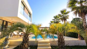A modern house with a swimming pool, palm trees, and a patio area.