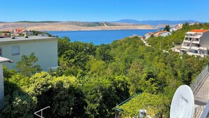 Zona residencial costera con casas, un plato parabólico y una vista despejada del mar y montañas distantes.