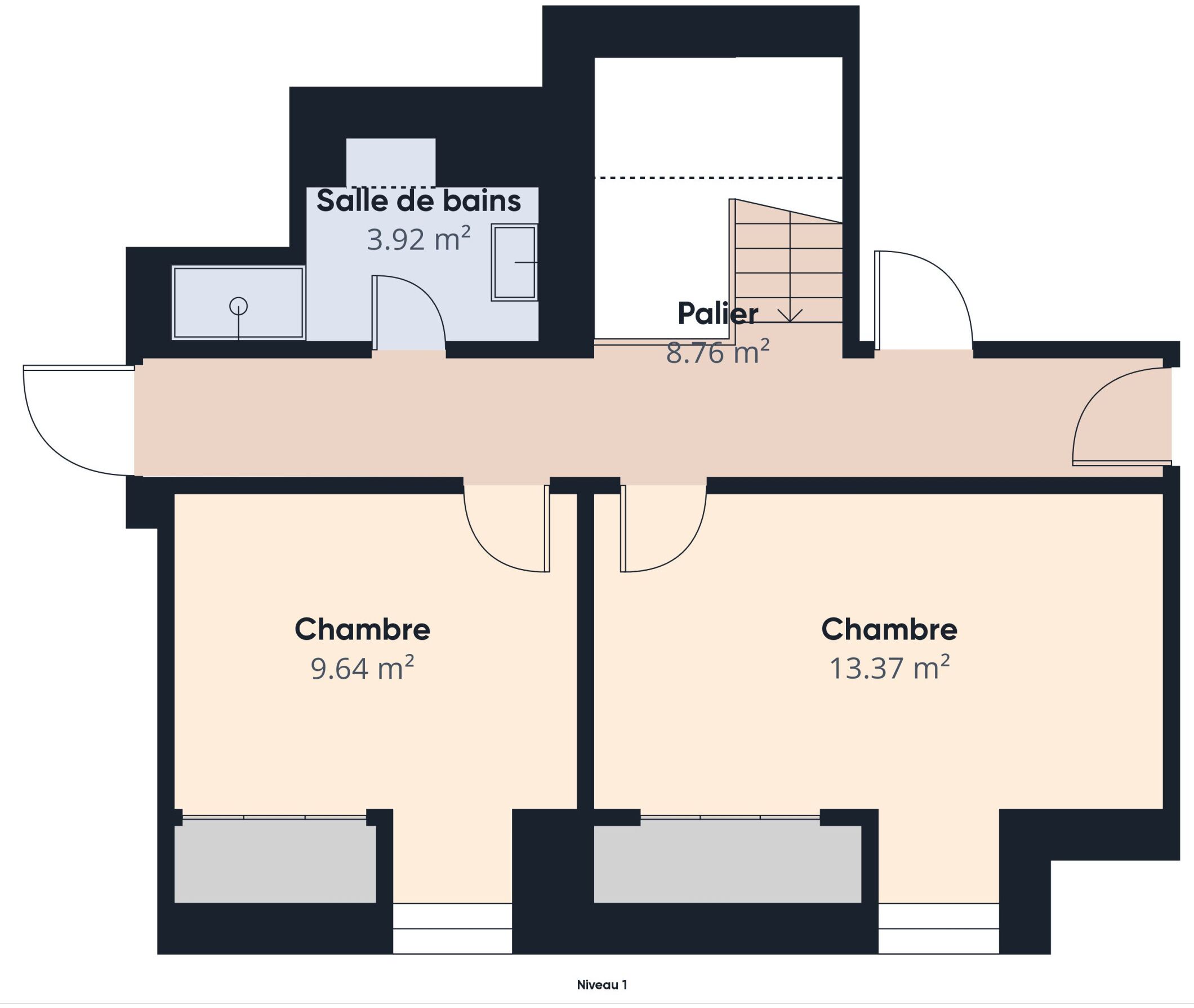 A floor plan with two bedrooms, a bathroom, and a balcony. The left bedroom is 9.64 m², and the right is 13.37 m². The bathroom is 3.92 m², and the balcony is 8.76 m².
