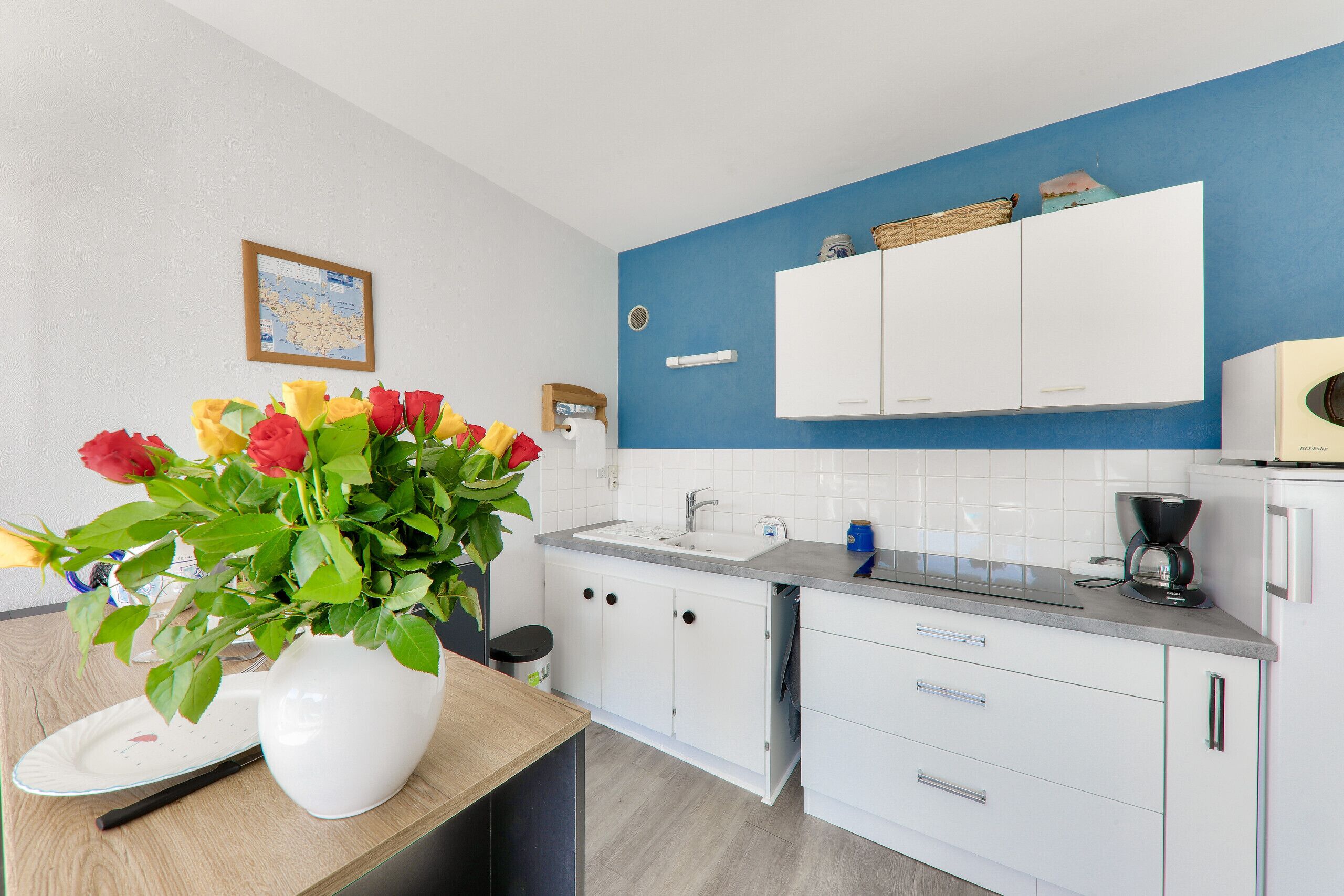 Una cocina moderna con armarios blancos, una pared de acento azul y un jarrón con flores rojas y amarillas sobre la encimera.