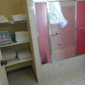 Chuveiro, toalhas de banho, sabonete, papel higiênico