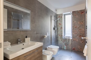 Shower, hair dryer, towels