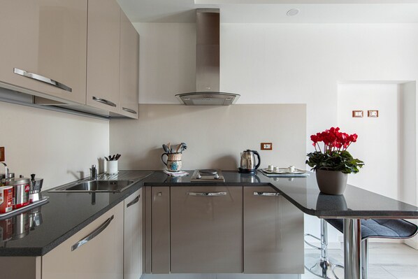Fridge, microwave, coffee/tea maker, electric kettle