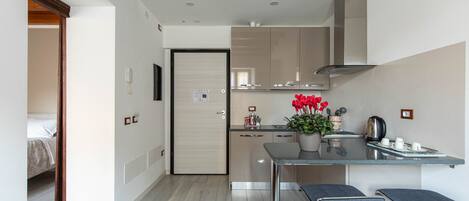 Fridge, microwave, coffee/tea maker, electric kettle