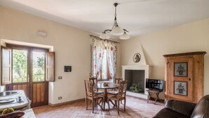 A spacious living room with a fireplace, a dining area with a table and chairs, and a kitchen area with a sink and counter.