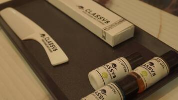 Shower, towels, soap, shampoo