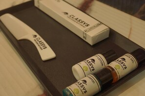 Shower, towels, soap, shampoo