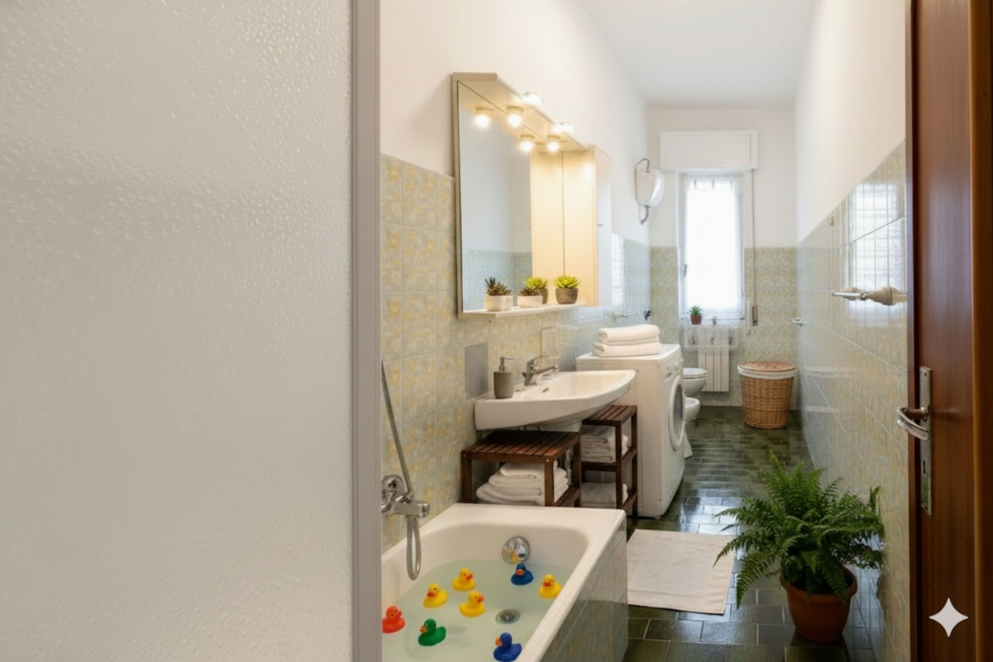 Un baño con bañera, dos lavamanos, un espejo y una planta en maceta.