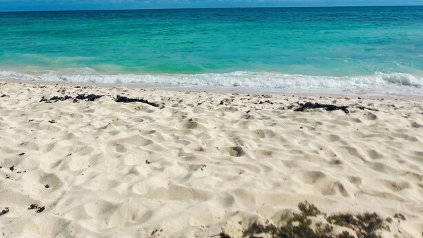 A beach with clear turquoise water and a sandy shore.